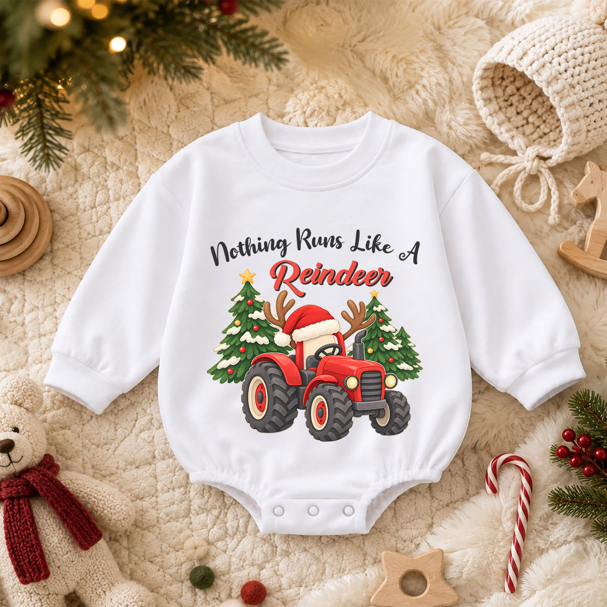 Christmas Tractor Baby Outfit, Nothing Runs Like a Reindeer Romper, Toddler Farm Christmas Romper, Baby Xmas Gift, Holiday Outfit — product view 3