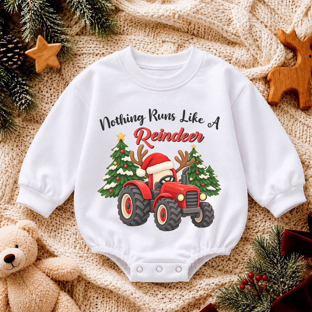 Christmas Tractor Baby Outfit, Nothing Runs Like a Reindeer Romper, Toddler Farm Christmas Romper, Baby Xmas Gift, Holiday Outfit — product view 4