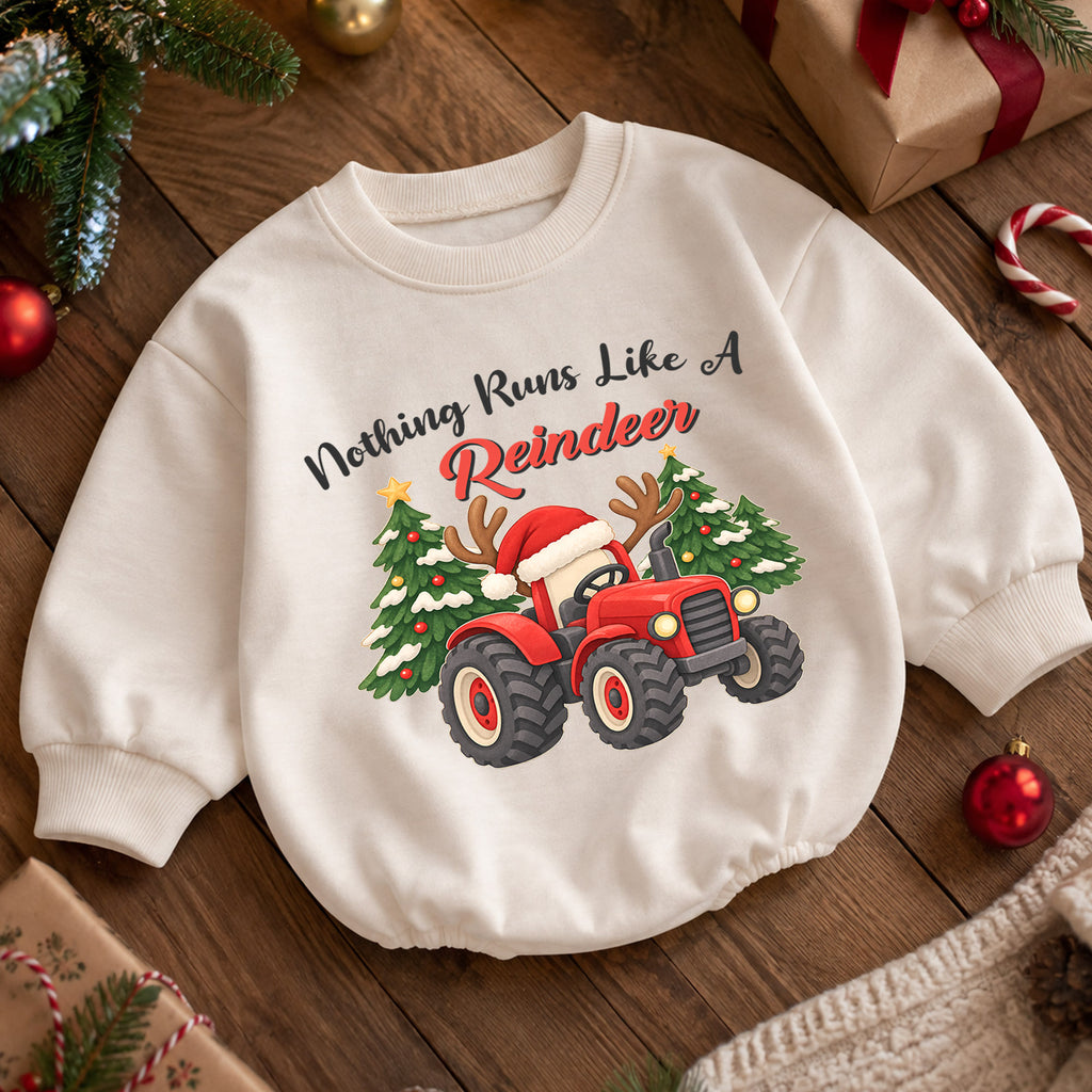 Christmas Tractor Baby Outfit, Nothing Runs Like a Reindeer Romper, Toddler Farm Christmas Romper, Baby Xmas Gift, Holiday Outfit — product view 5