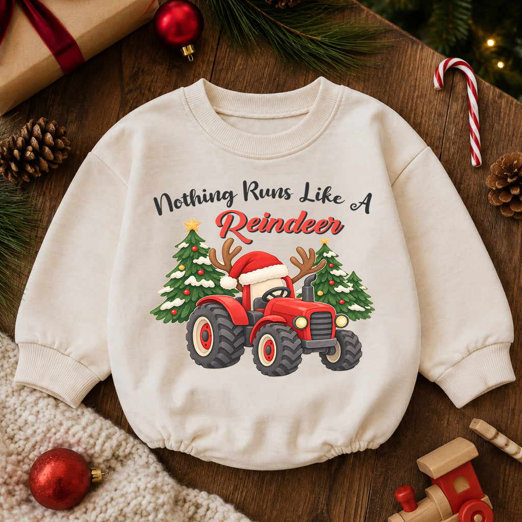 Christmas Tractor Baby Outfit, Nothing Runs Like a Reindeer Romper, Toddler Farm Christmas Romper, Baby Xmas Gift, Holiday Outfit — product view 6