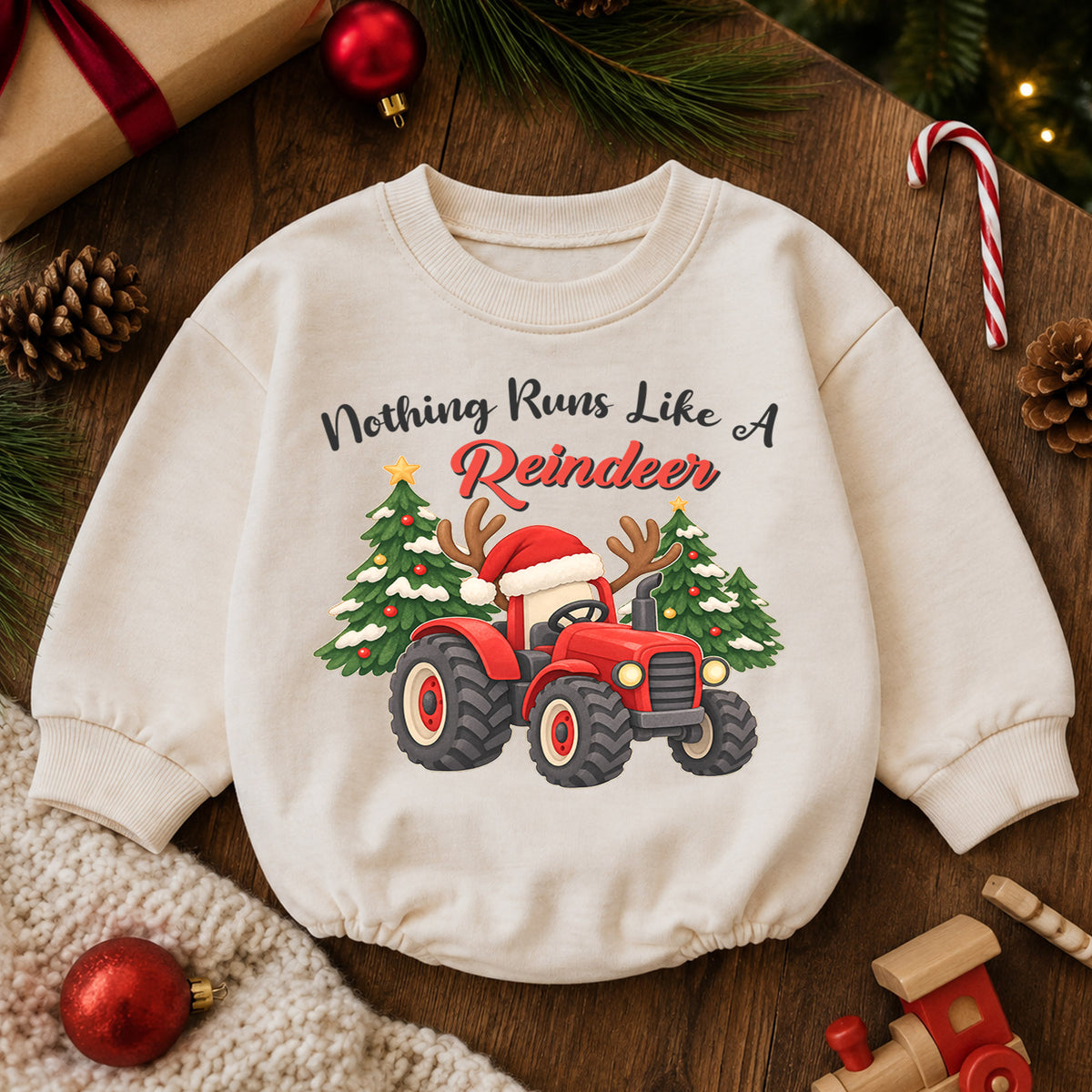Christmas Tractor Baby Outfit, Nothing Runs Like a Reindeer Romper, Toddler Farm Christmas Romper, Baby Xmas Gift, Holiday Outfit — product view 6