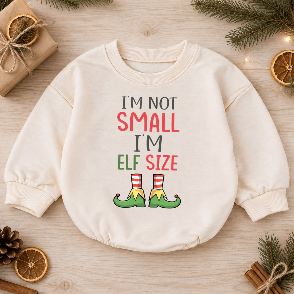 Im Not Small Im Elf Size Baby Romper, Funny Elf Christmas Romper, Toddler Holiday Outfit, Cute Xmas Gift for Baby — product view 1