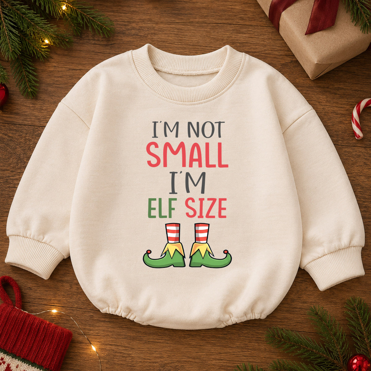 Im Not Small Im Elf Size Baby Romper, Funny Elf Christmas Romper, Toddler Holiday Outfit, Cute Xmas Gift for Baby — product view 2