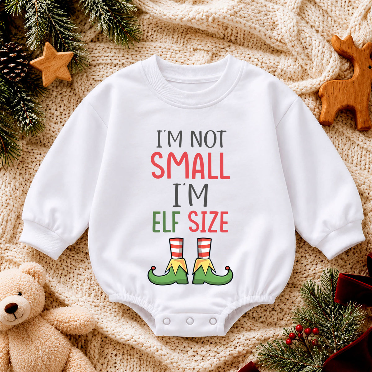 Im Not Small Im Elf Size Baby Romper, Funny Elf Christmas Romper, Toddler Holiday Outfit, Cute Xmas Gift for Baby — product view 4