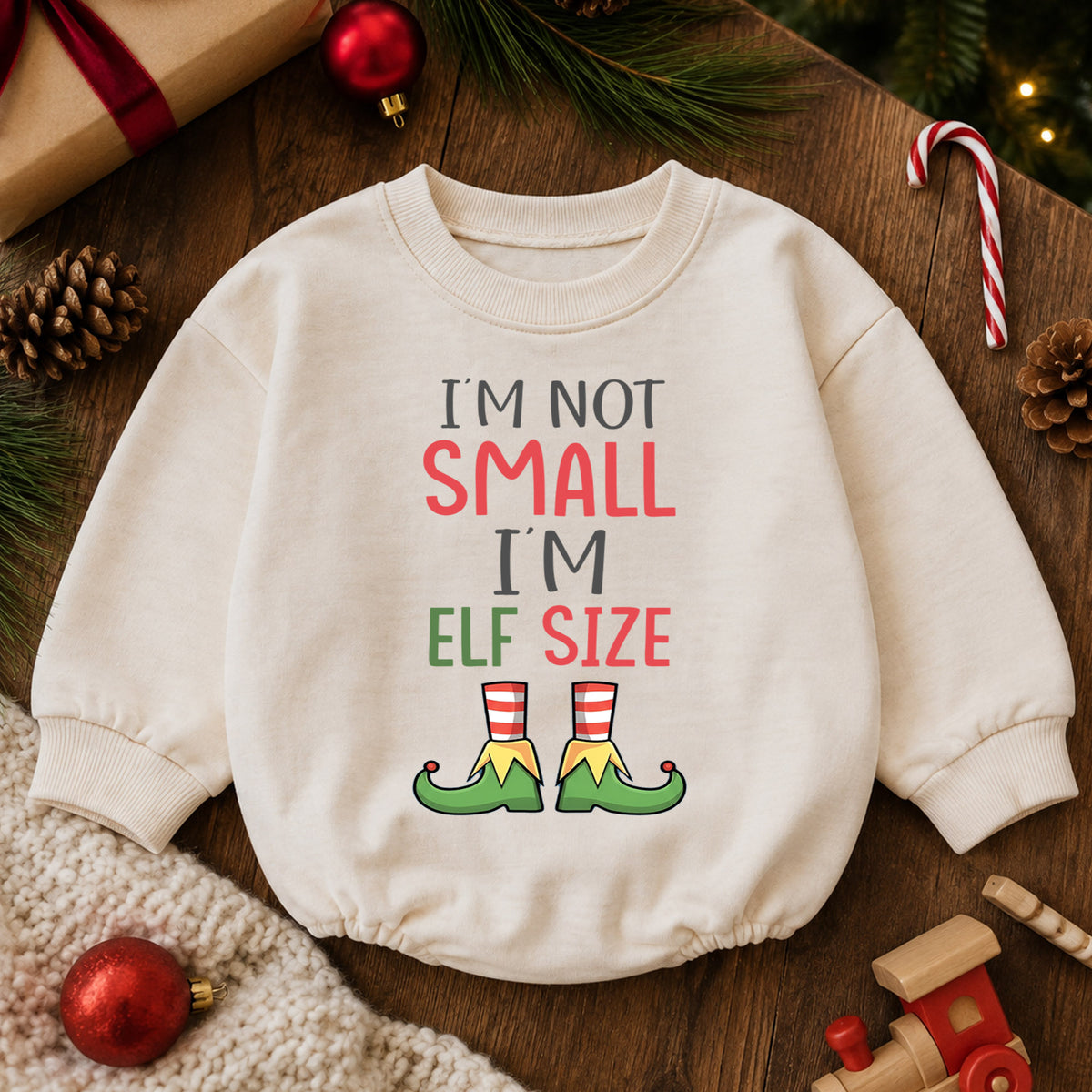 Im Not Small Im Elf Size Baby Romper, Funny Elf Christmas Romper, Toddler Holiday Outfit, Cute Xmas Gift for Baby — product view 6