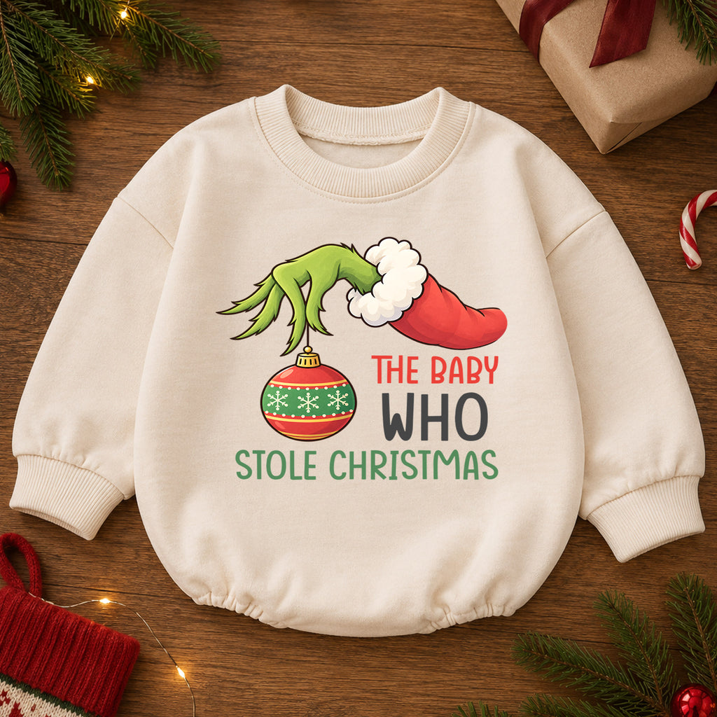 Baby Who Stole Christmas Romper, Funny Baby Christmas Romper, Toddler Holiday Outfit, Cute Xmas Gift for Baby — product view 2