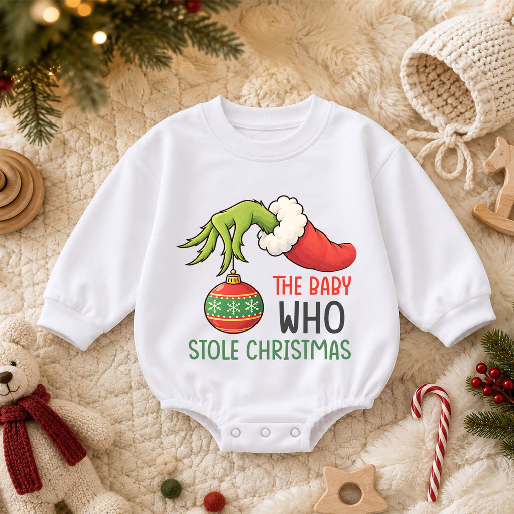 Baby Who Stole Christmas Romper, Funny Baby Christmas Romper, Toddler Holiday Outfit, Cute Xmas Gift for Baby — product view 3