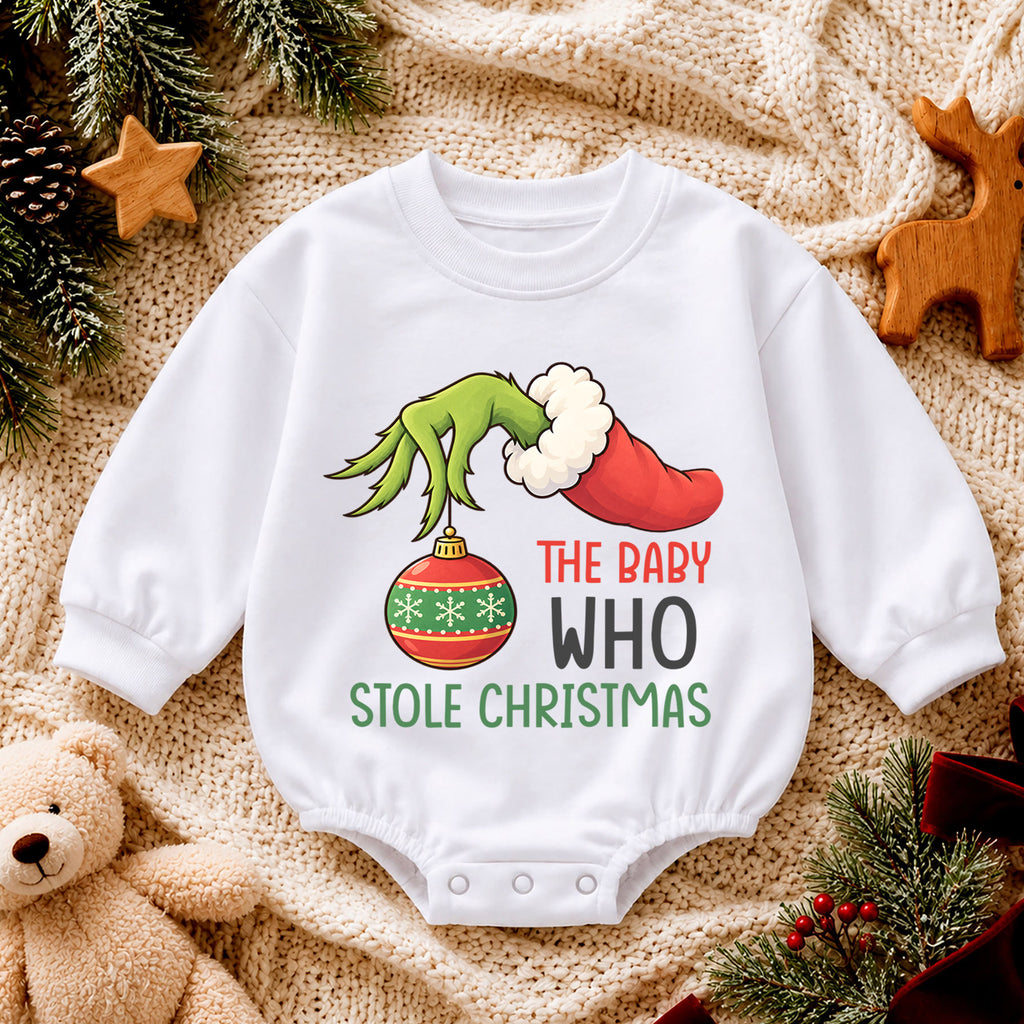 Baby Who Stole Christmas Romper, Funny Baby Christmas Romper, Toddler Holiday Outfit, Cute Xmas Gift for Baby — product view 4