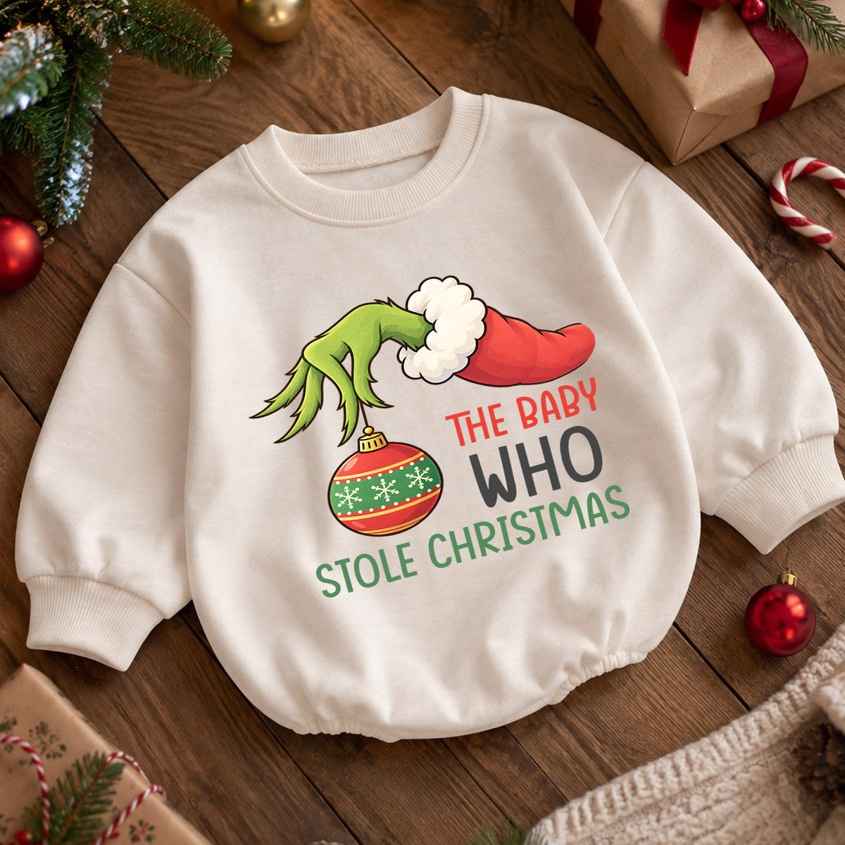 Baby Who Stole Christmas Romper, Funny Baby Christmas Romper, Toddler Holiday Outfit, Cute Xmas Gift for Baby — product view 5