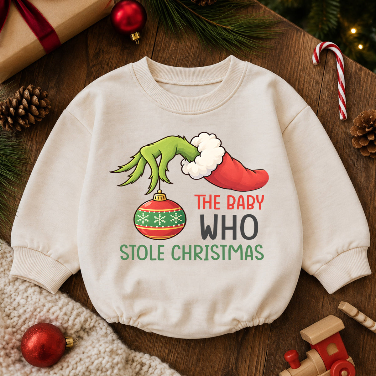 Baby Who Stole Christmas Romper, Funny Baby Christmas Romper, Toddler Holiday Outfit, Cute Xmas Gift for Baby — product view 6
