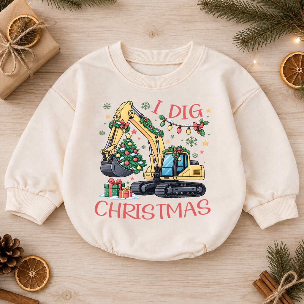 I Dig Christmas Baby Romper, Christmas Excavator Tree Outfit, Construction Toddler Holiday Romper, Cute 1st Christmas Gift — product view 1