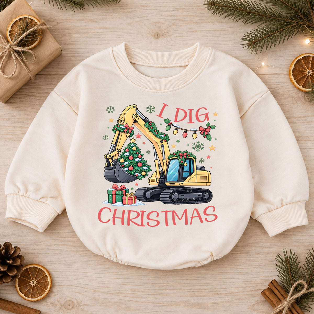I Dig Christmas Baby Romper, Christmas Excavator Tree Outfit, Construction Toddler Holiday Romper, Cute 1st Christmas Gift — product view 1
