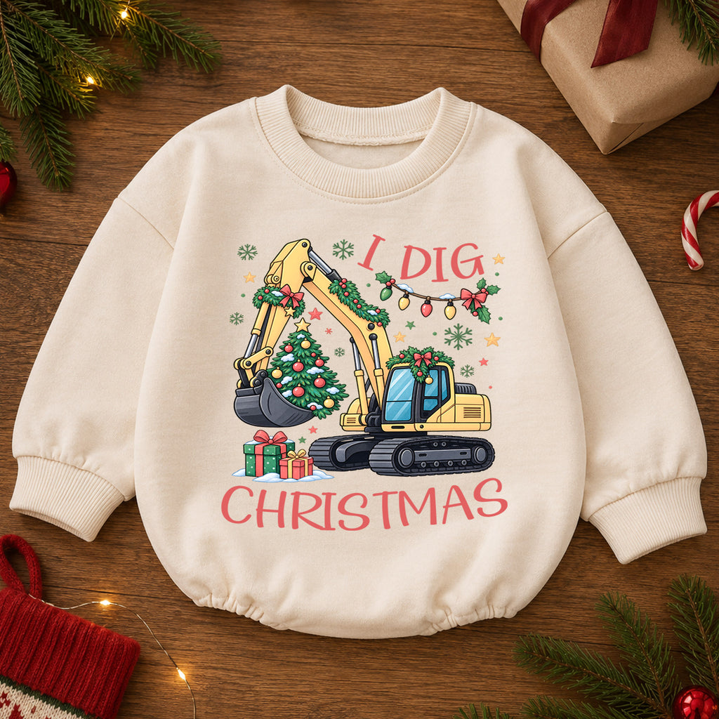 I Dig Christmas Baby Romper, Christmas Excavator Tree Outfit, Construction Toddler Holiday Romper, Cute 1st Christmas Gift — product view 2