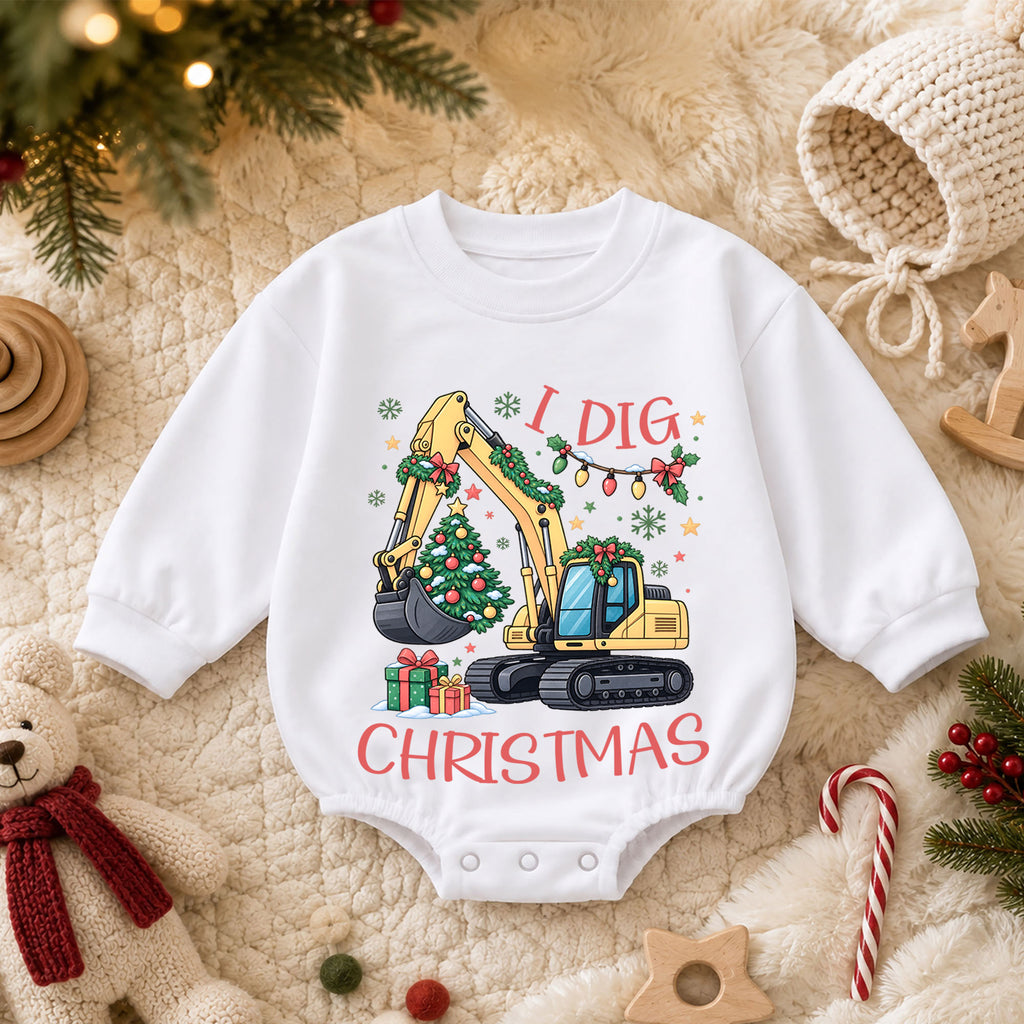 I Dig Christmas Baby Romper, Christmas Excavator Tree Outfit, Construction Toddler Holiday Romper, Cute 1st Christmas Gift — product view 3