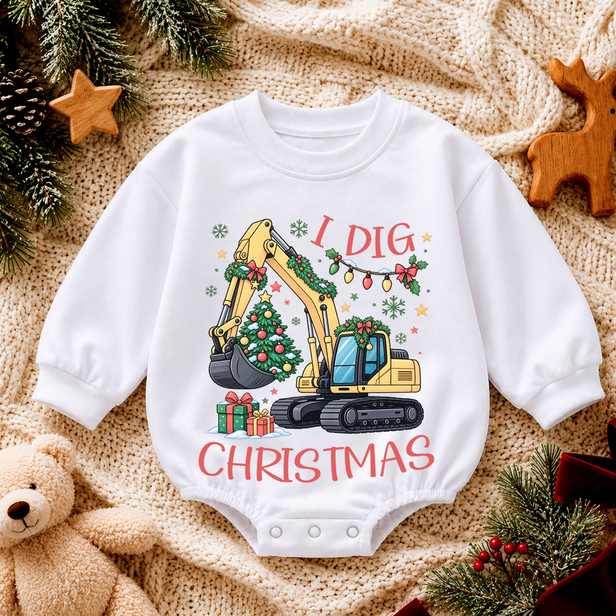 I Dig Christmas Baby Romper, Christmas Excavator Tree Outfit, Construction Toddler Holiday Romper, Cute 1st Christmas Gift — product view 4