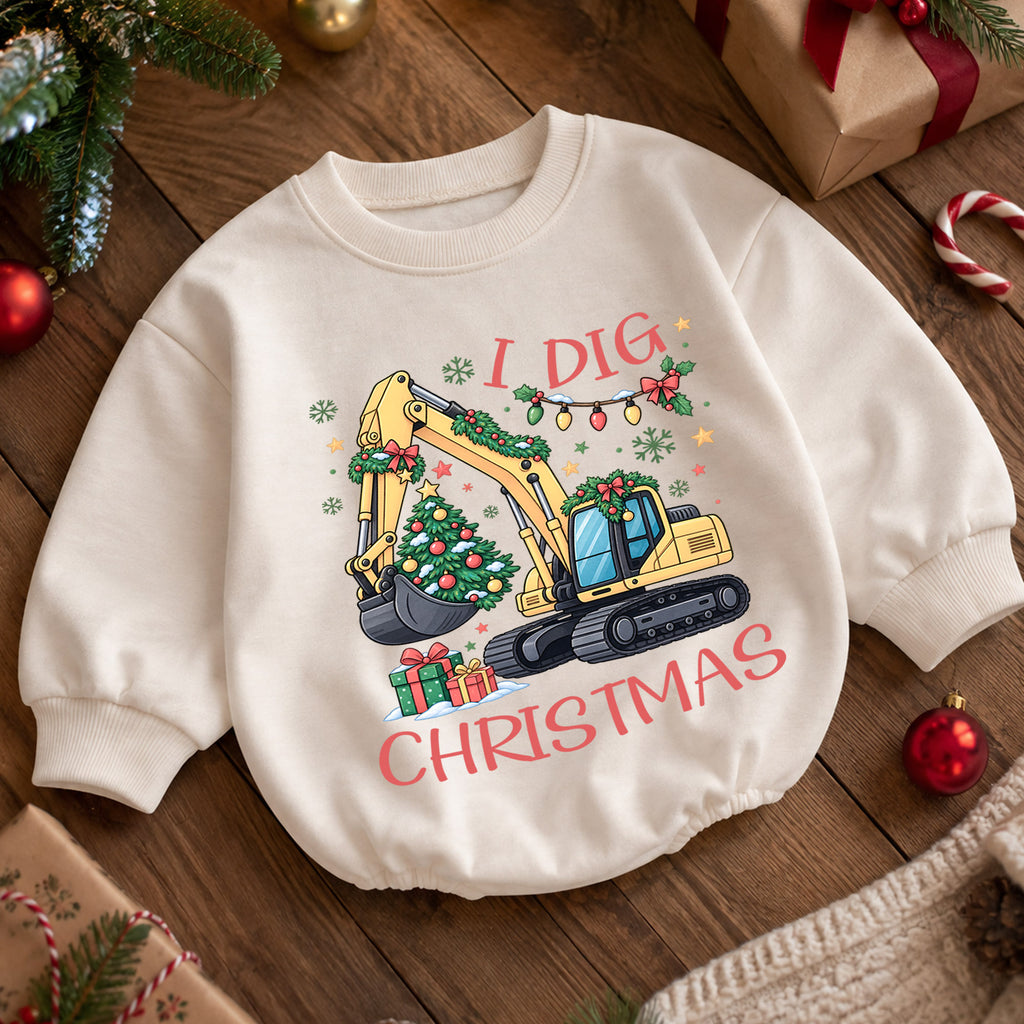 I Dig Christmas Baby Romper, Christmas Excavator Tree Outfit, Construction Toddler Holiday Romper, Cute 1st Christmas Gift — product view 5