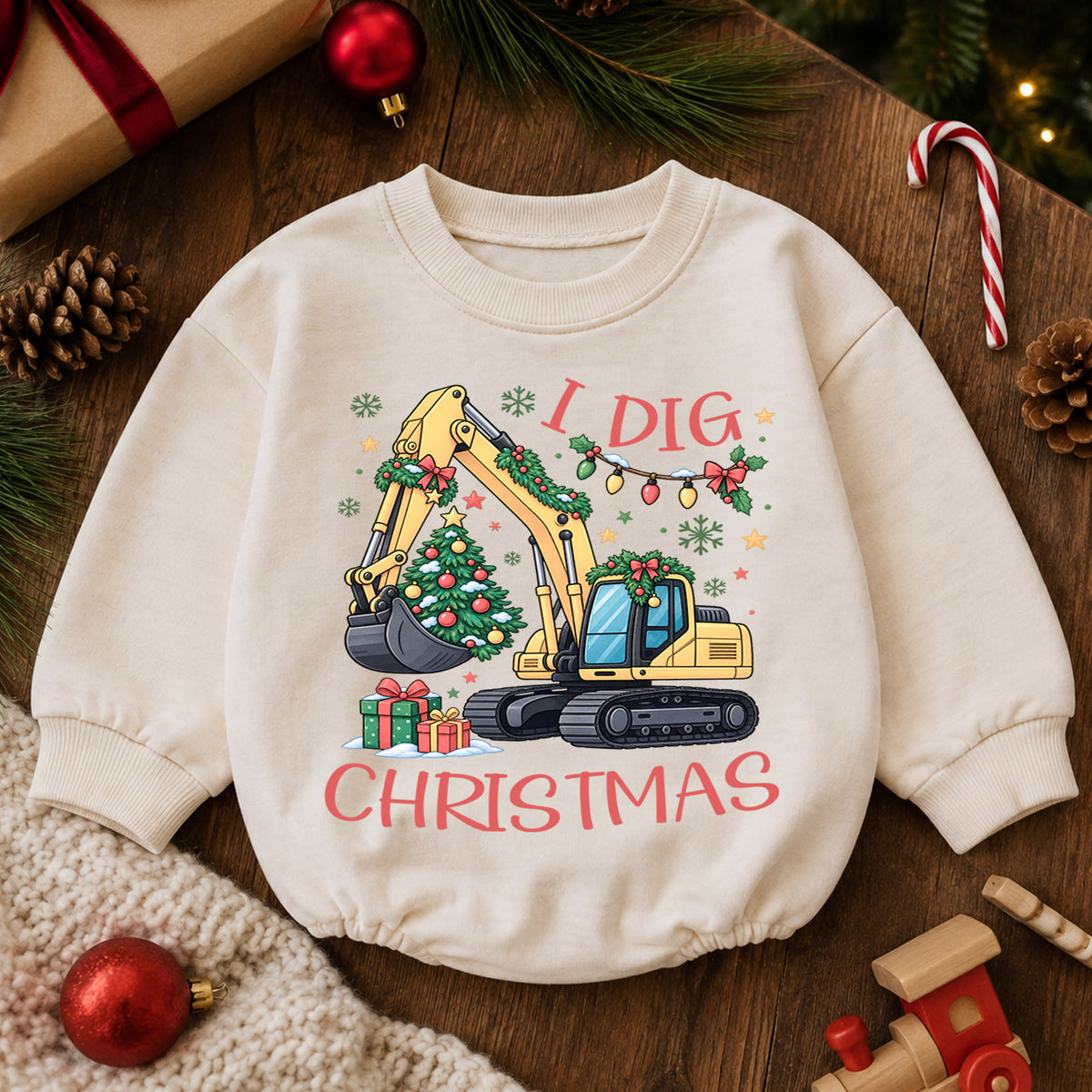 I Dig Christmas Baby Romper, Christmas Excavator Tree Outfit, Construction Toddler Holiday Romper, Cute 1st Christmas Gift — product view 6