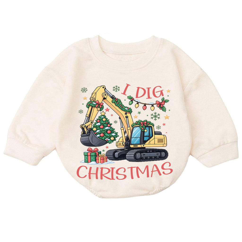 I Dig Christmas Baby Romper, Christmas Excavator Tree Outfit, Construction Toddler Holiday Romper, Cute 1st Christmas Gift — product view 7