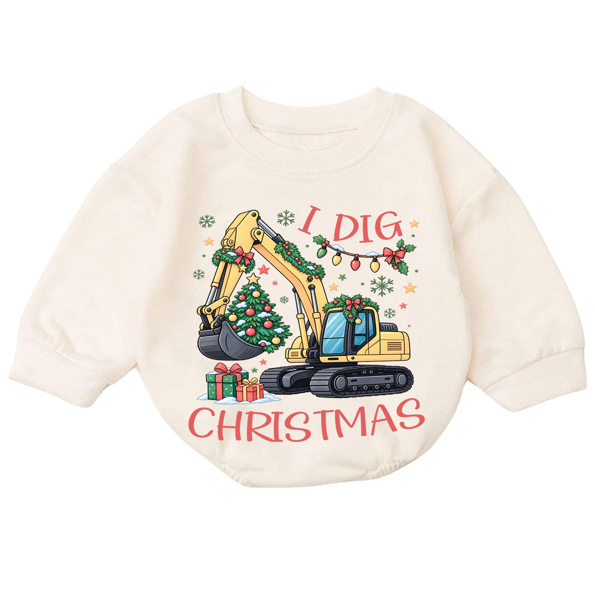 I Dig Christmas Baby Romper, Christmas Excavator Tree Outfit, Construction Toddler Holiday Romper, Cute 1st Christmas Gift — product view 7
