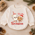 Tis the Season Milk and Cookies Baby Romper, Cute Christmas Cookie Romper, Toddler Holiday Outfit, Xmas Baking Gift — product view 1