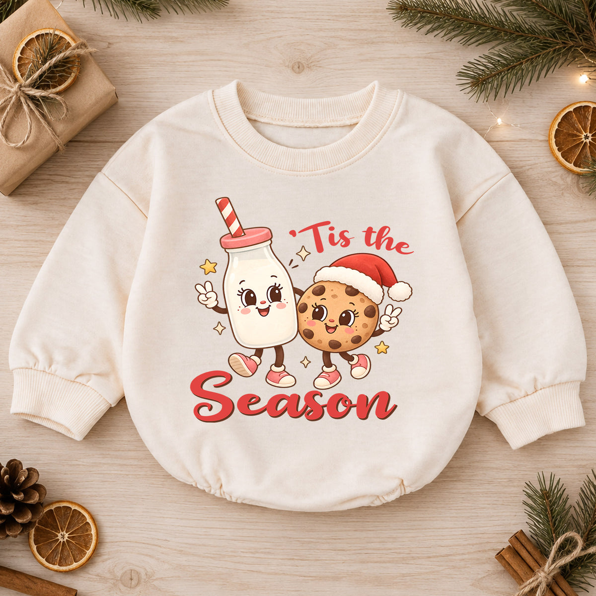 Tis the Season Milk and Cookies Baby Romper, Cute Christmas Cookie Romper, Toddler Holiday Outfit, Xmas Baking Gift — product view 1
