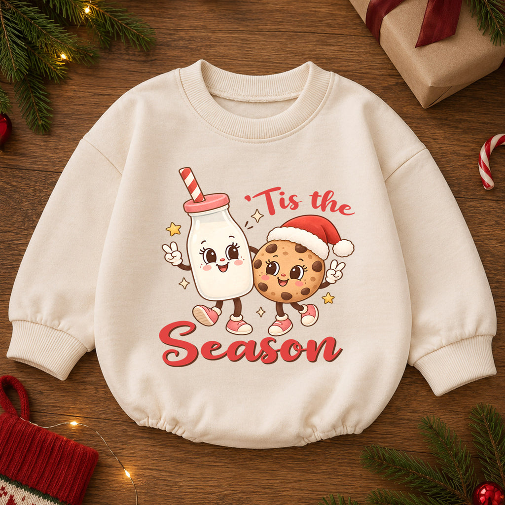 Tis the Season Milk and Cookies Baby Romper, Cute Christmas Cookie Romper, Toddler Holiday Outfit, Xmas Baking Gift — product view 2