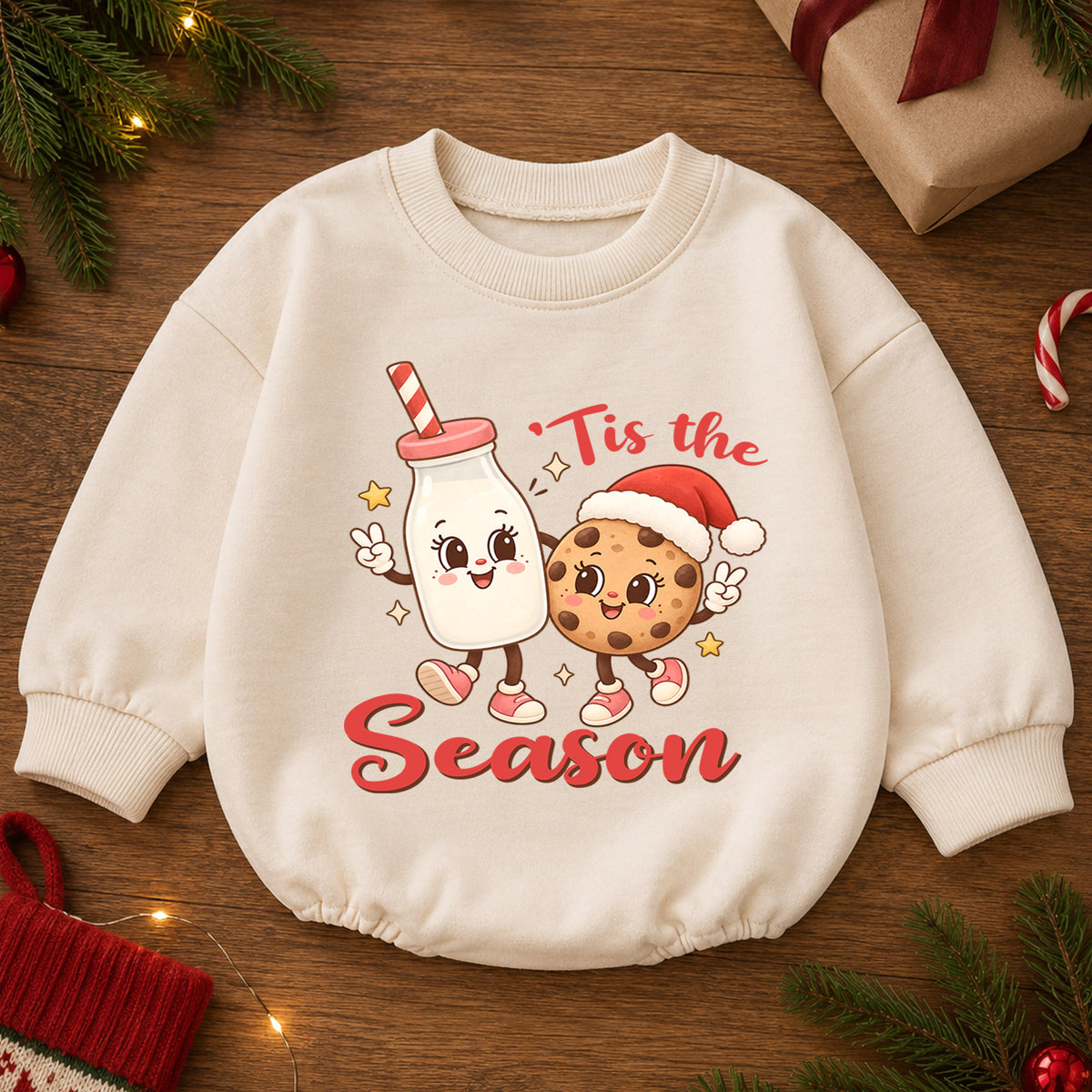 Tis the Season Milk and Cookies Baby Romper, Cute Christmas Cookie Romper, Toddler Holiday Outfit, Xmas Baking Gift — product view 2