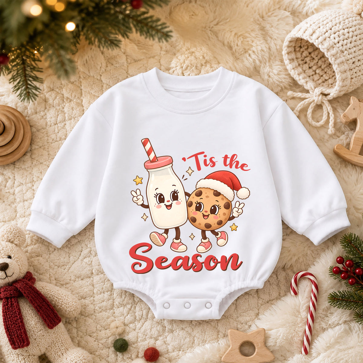 Tis the Season Milk and Cookies Baby Romper, Cute Christmas Cookie Romper, Toddler Holiday Outfit, Xmas Baking Gift — product view 3