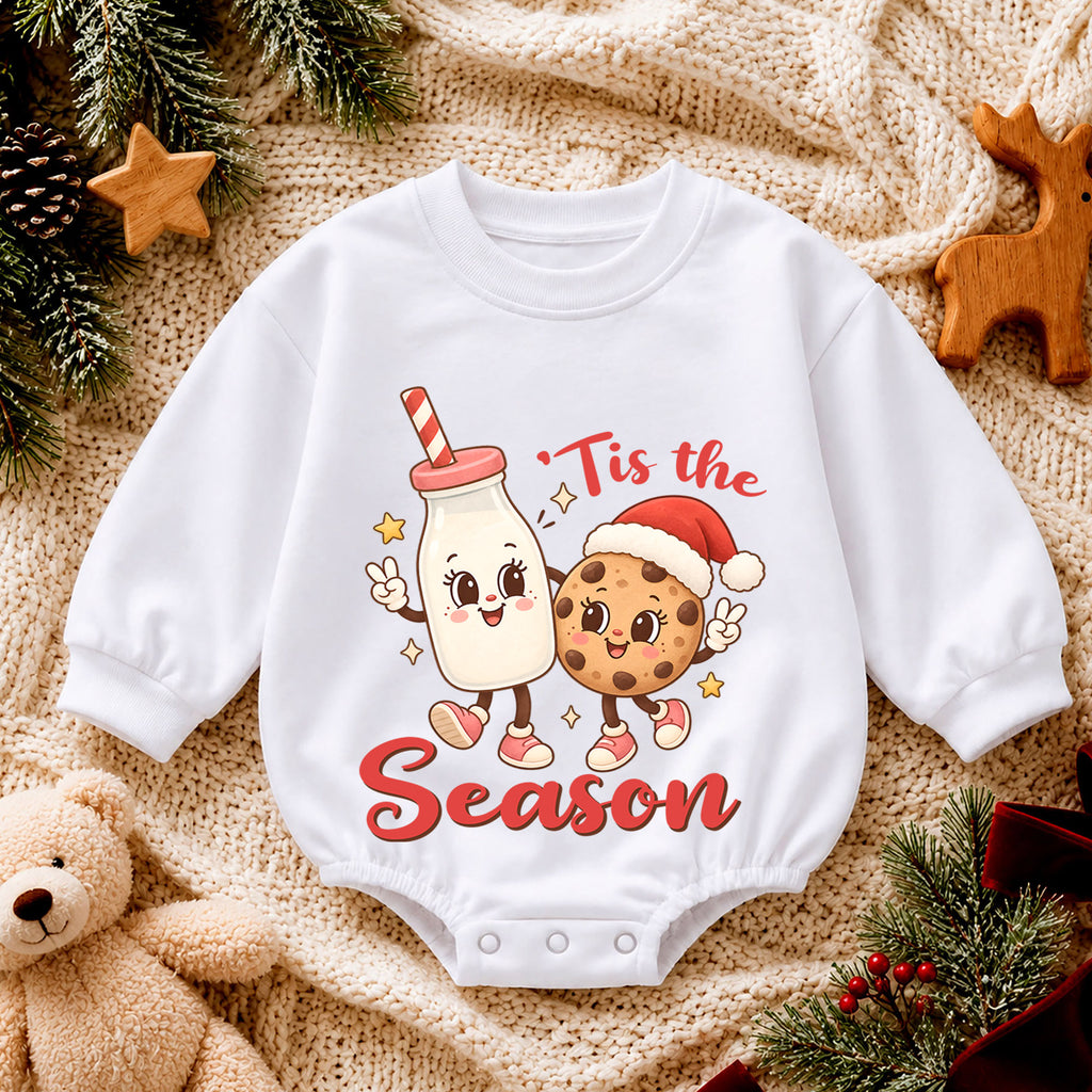 Tis the Season Milk and Cookies Baby Romper, Cute Christmas Cookie Romper, Toddler Holiday Outfit, Xmas Baking Gift — product view 4