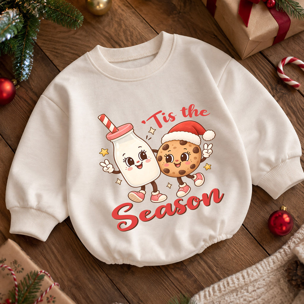 Tis the Season Milk and Cookies Baby Romper, Cute Christmas Cookie Romper, Toddler Holiday Outfit, Xmas Baking Gift — product view 5