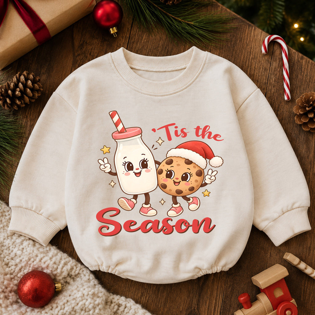 Tis the Season Milk and Cookies Baby Romper, Cute Christmas Cookie Romper, Toddler Holiday Outfit, Xmas Baking Gift — product view 6