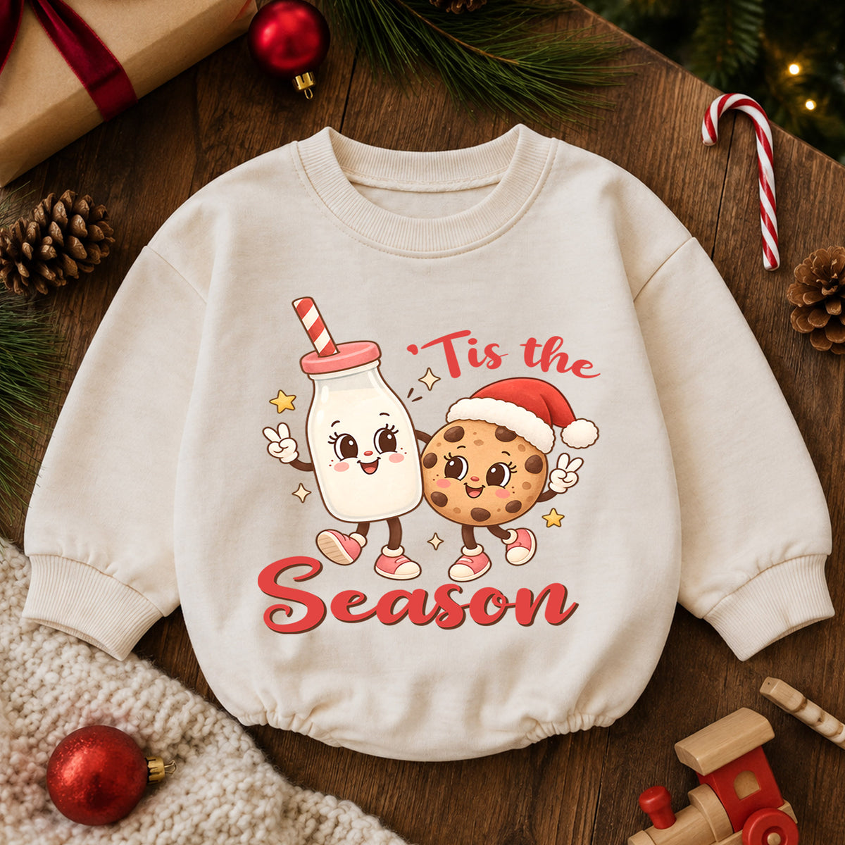 Tis the Season Milk and Cookies Baby Romper, Cute Christmas Cookie Romper, Toddler Holiday Outfit, Xmas Baking Gift — product view 6