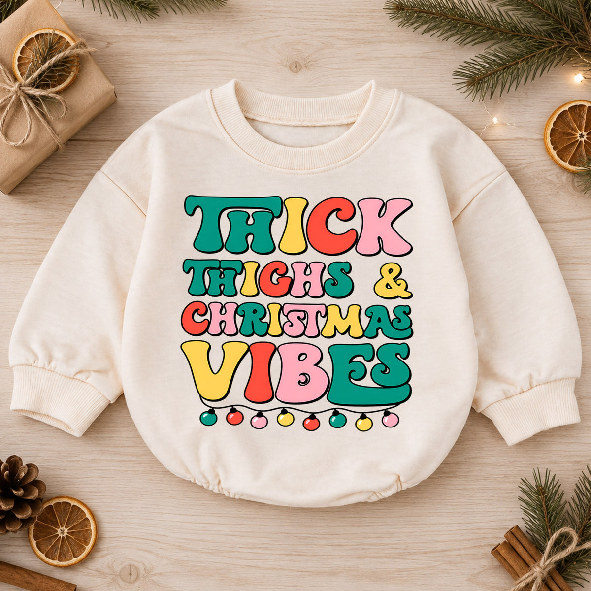 Thick Thighs and Christmas Vibes Baby Romper, Retro Christmas Romper, Funny Toddler Holiday Outfit, Cute Xmas Gift — product view 1