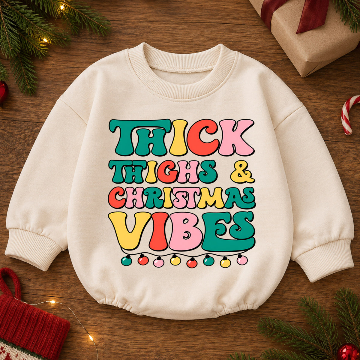 Thick Thighs and Christmas Vibes Baby Romper, Retro Christmas Romper, Funny Toddler Holiday Outfit, Cute Xmas Gift — product view 2