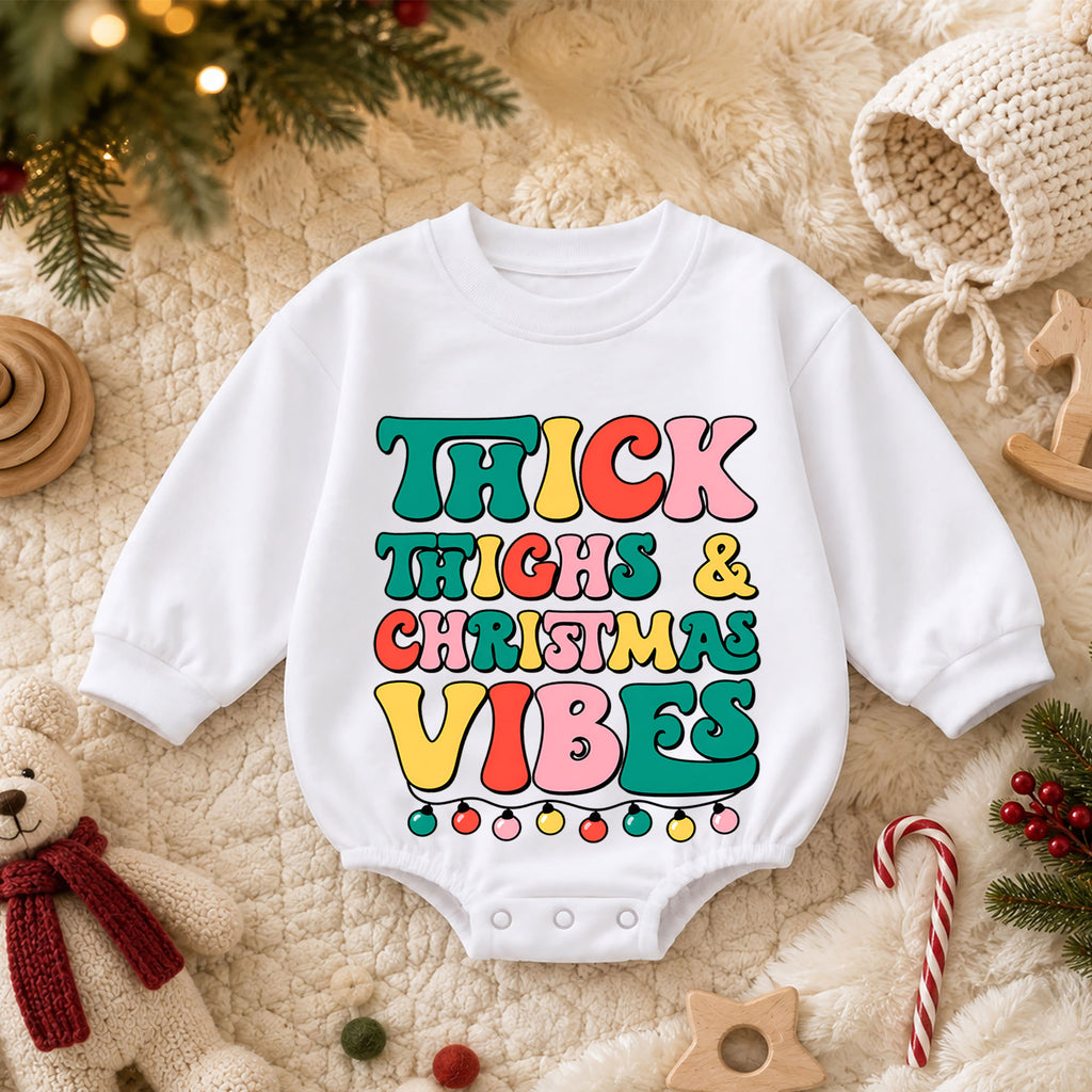 Thick Thighs and Christmas Vibes Baby Romper, Retro Christmas Romper, Funny Toddler Holiday Outfit, Cute Xmas Gift — product view 3