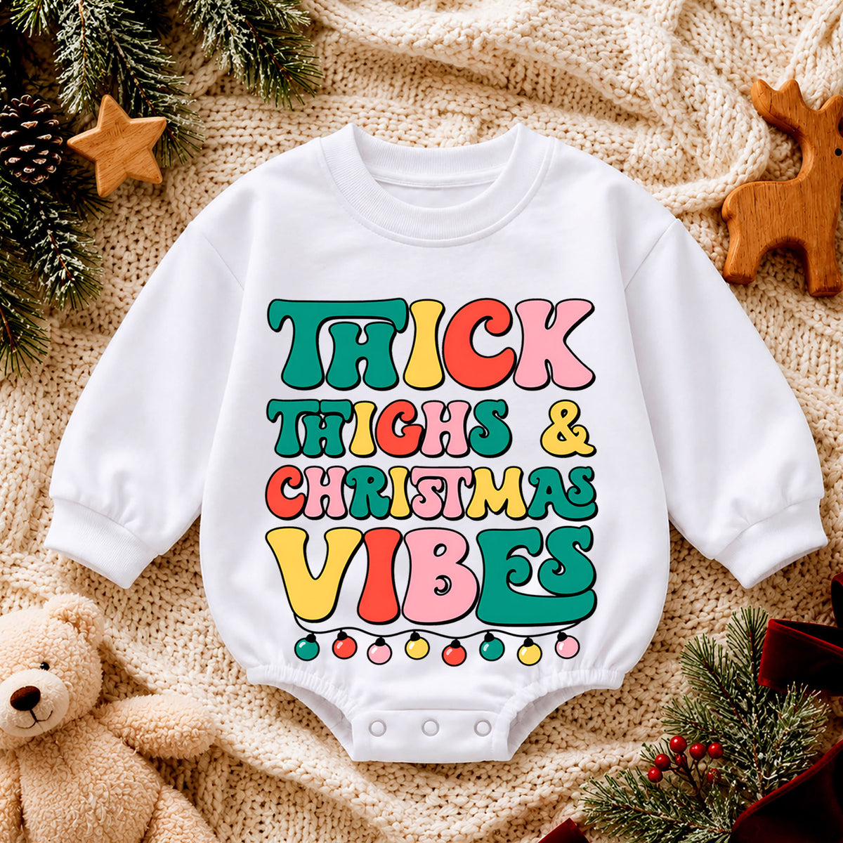 Thick Thighs and Christmas Vibes Baby Romper, Retro Christmas Romper, Funny Toddler Holiday Outfit, Cute Xmas Gift — product view 4