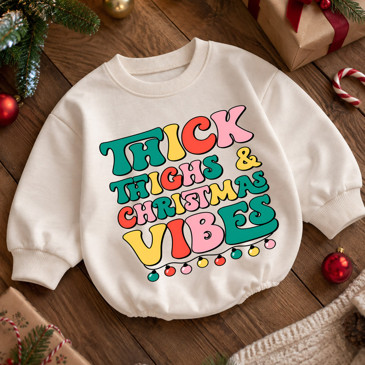 Thick Thighs and Christmas Vibes Baby Romper, Retro Christmas Romper, Funny Toddler Holiday Outfit, Cute Xmas Gift — product view 5