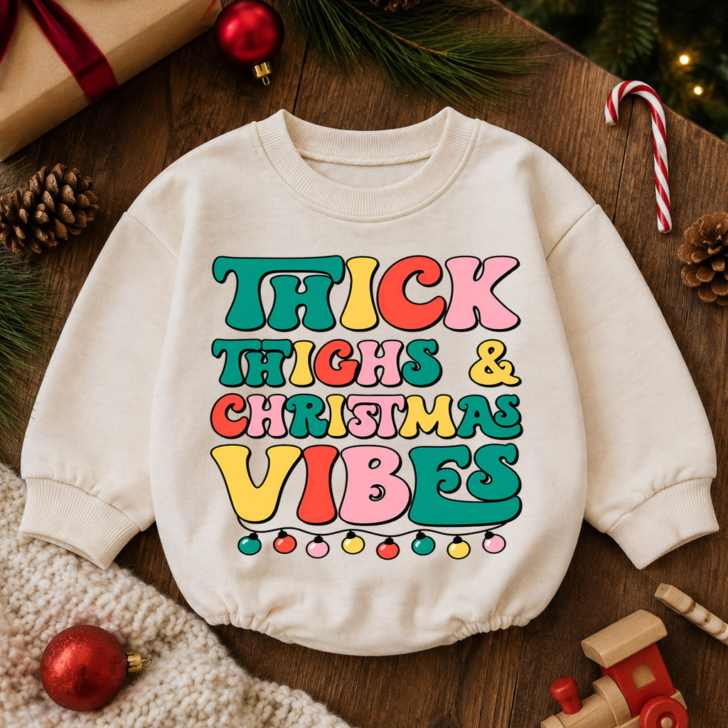 Thick Thighs and Christmas Vibes Baby Romper, Retro Christmas Romper, Funny Toddler Holiday Outfit, Cute Xmas Gift — product view 6
