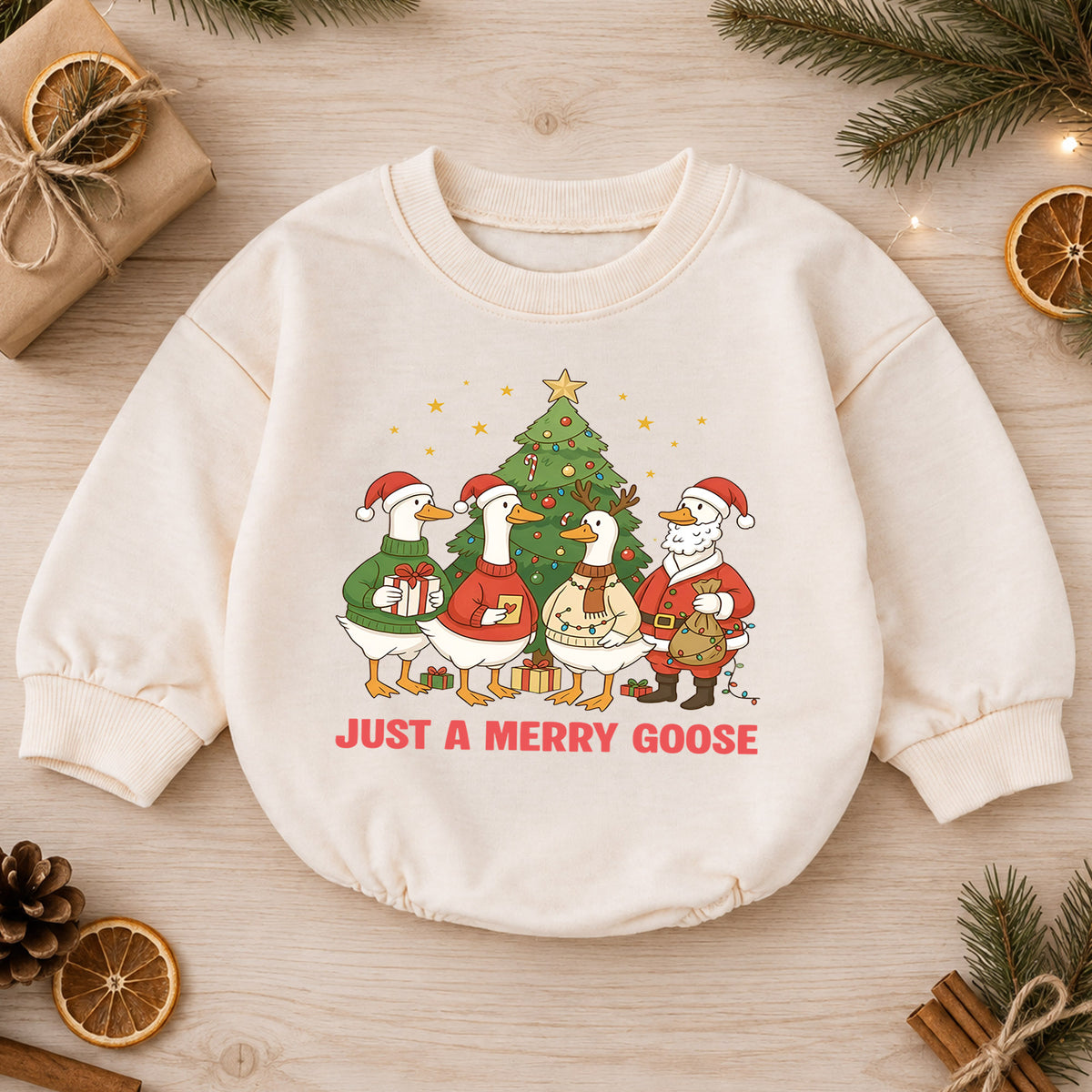 Just a Merry Goose Baby Romper, Christmas Goose Family Outfit, Funny Toddler Holiday Romper, Cute 1st Christmas Gift — product view 1
