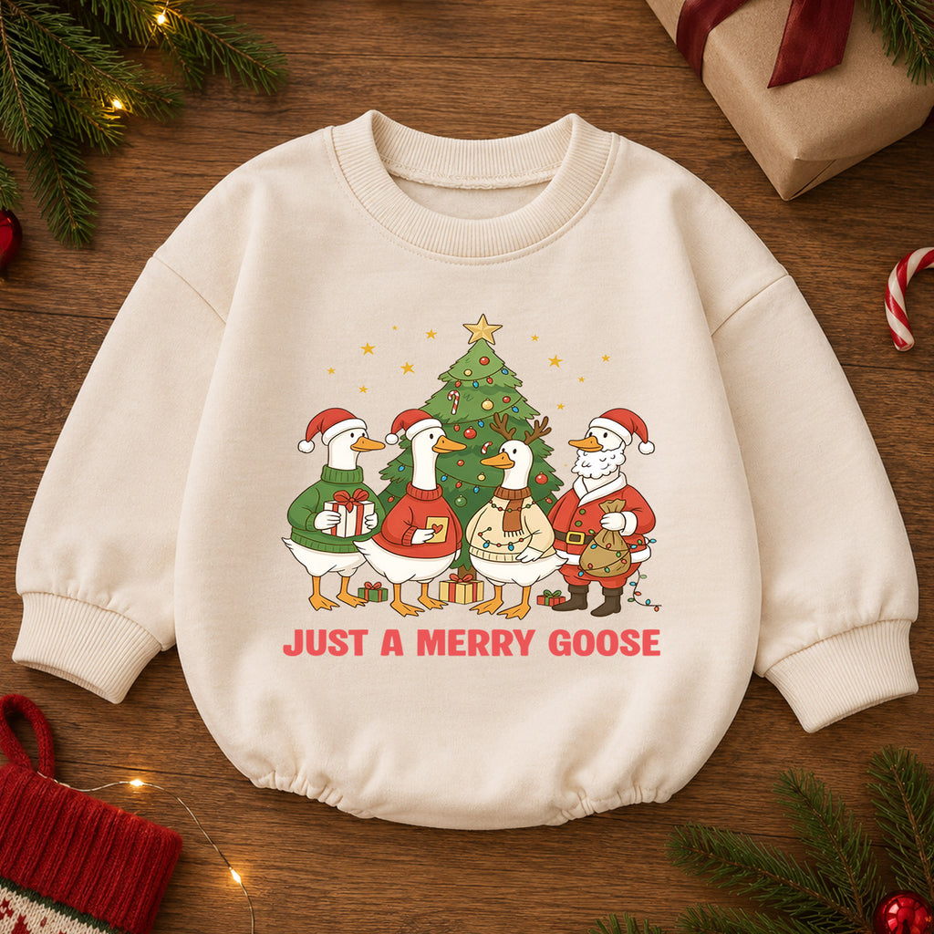 Just a Merry Goose Baby Romper, Christmas Goose Family Outfit, Funny Toddler Holiday Romper, Cute 1st Christmas Gift — product view 2
