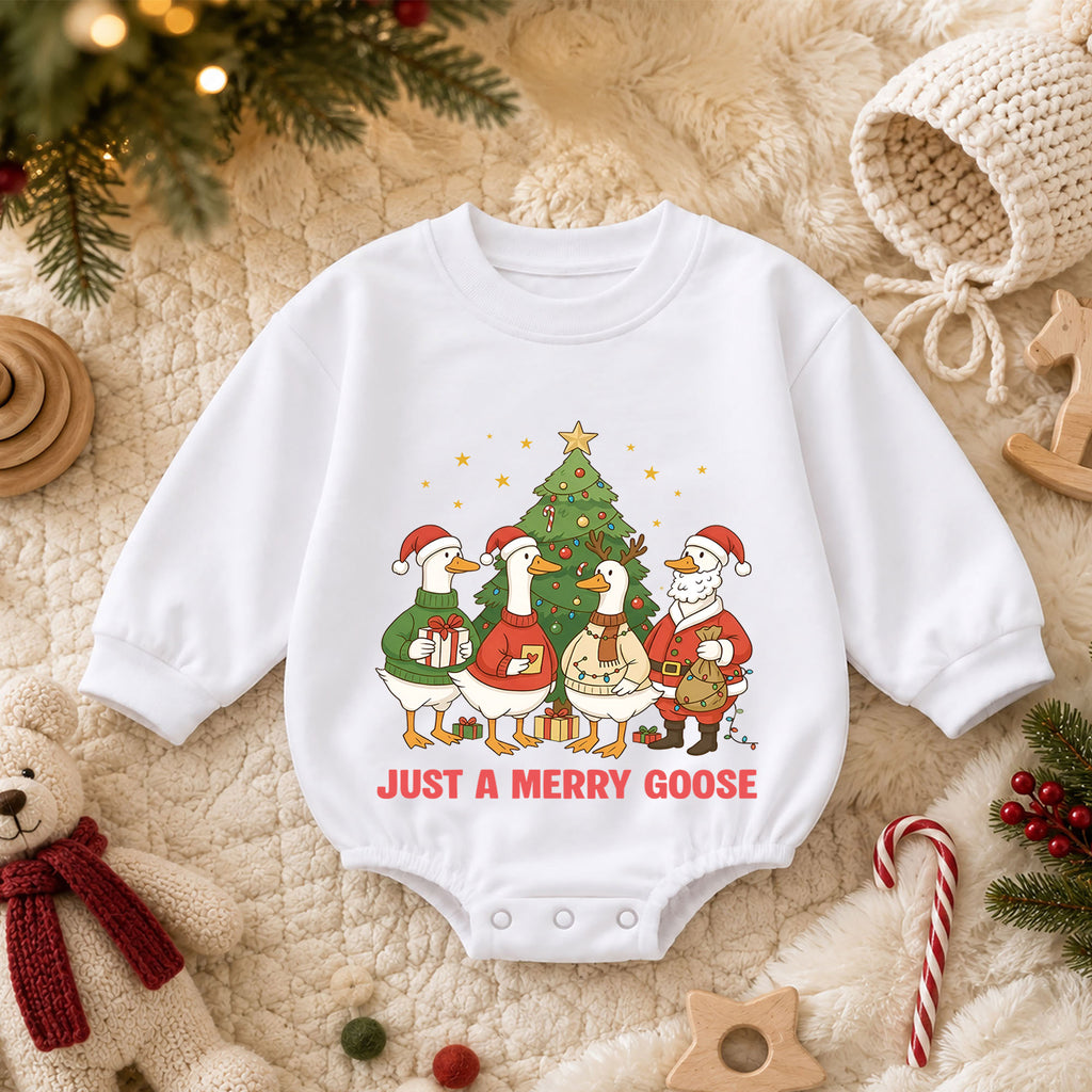 Just a Merry Goose Baby Romper, Christmas Goose Family Outfit, Funny Toddler Holiday Romper, Cute 1st Christmas Gift — product view 3