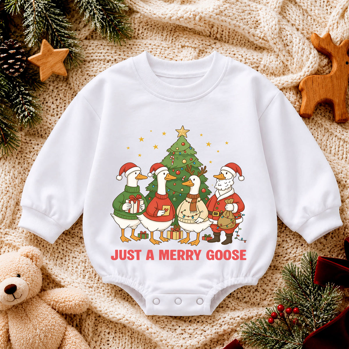 Just a Merry Goose Baby Romper, Christmas Goose Family Outfit, Funny Toddler Holiday Romper, Cute 1st Christmas Gift — product view 4