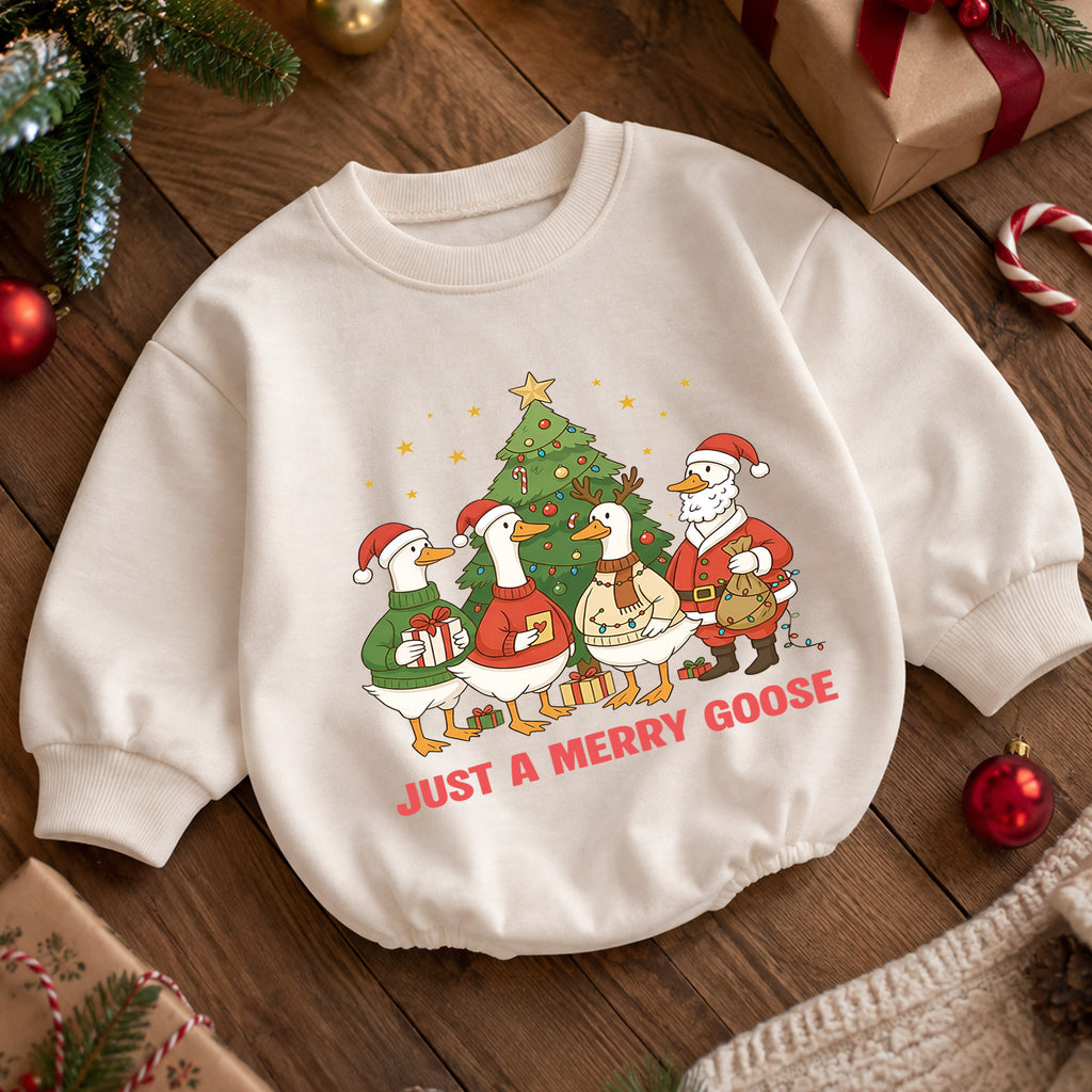 Just a Merry Goose Baby Romper, Christmas Goose Family Outfit, Funny Toddler Holiday Romper, Cute 1st Christmas Gift — product view 5