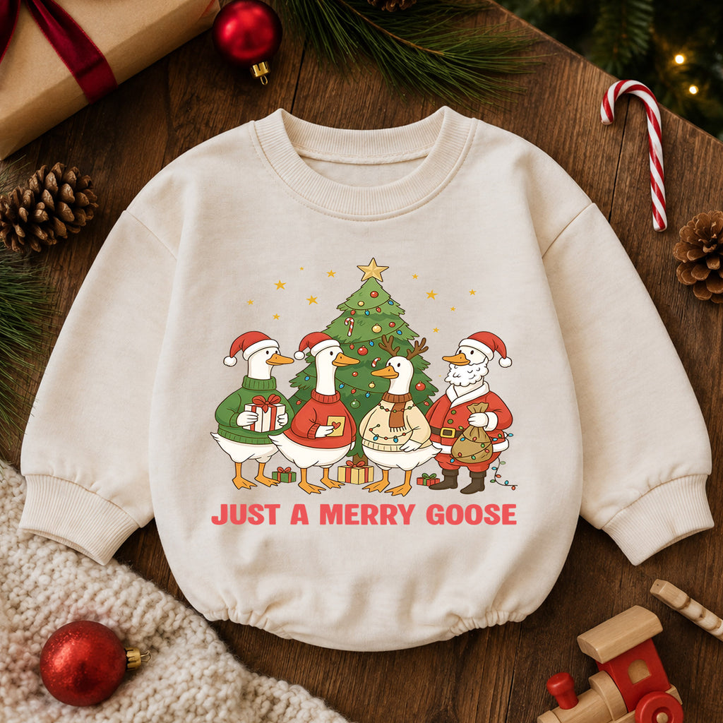 Just a Merry Goose Baby Romper, Christmas Goose Family Outfit, Funny Toddler Holiday Romper, Cute 1st Christmas Gift — product view 6