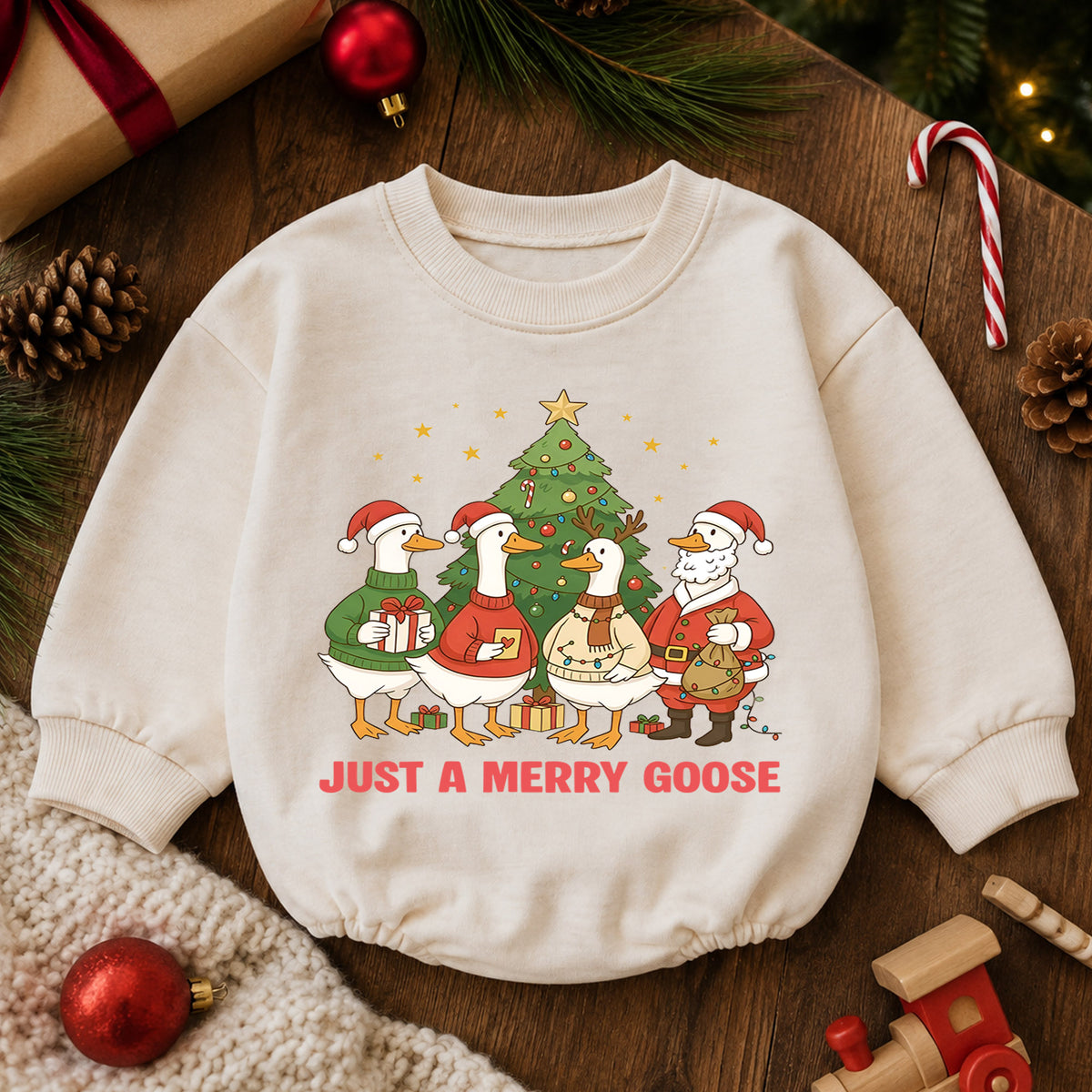 Just a Merry Goose Baby Romper, Christmas Goose Family Outfit, Funny Toddler Holiday Romper, Cute 1st Christmas Gift — product view 6