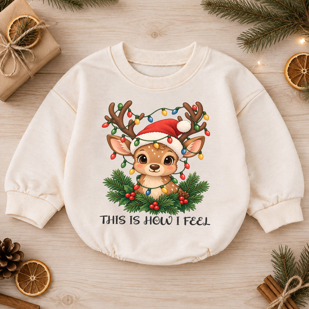 This Is How I Feel Reindeer Baby Romper, Cute Christmas Deer Romper, Toddler Holiday Outfit, Reindeer Xmas Gift for Baby — product view 1