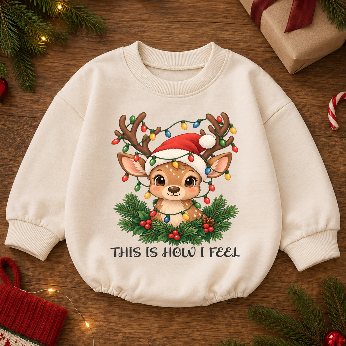 This Is How I Feel Reindeer Baby Romper, Cute Christmas Deer Romper, Toddler Holiday Outfit, Reindeer Xmas Gift for Baby — product view 2
