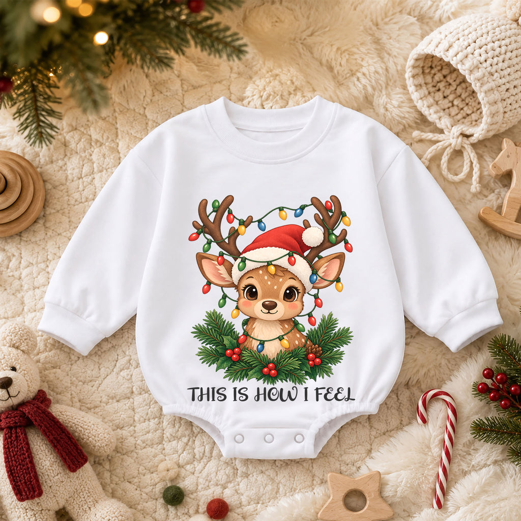 This Is How I Feel Reindeer Baby Romper, Cute Christmas Deer Romper, Toddler Holiday Outfit, Reindeer Xmas Gift for Baby — product view 3