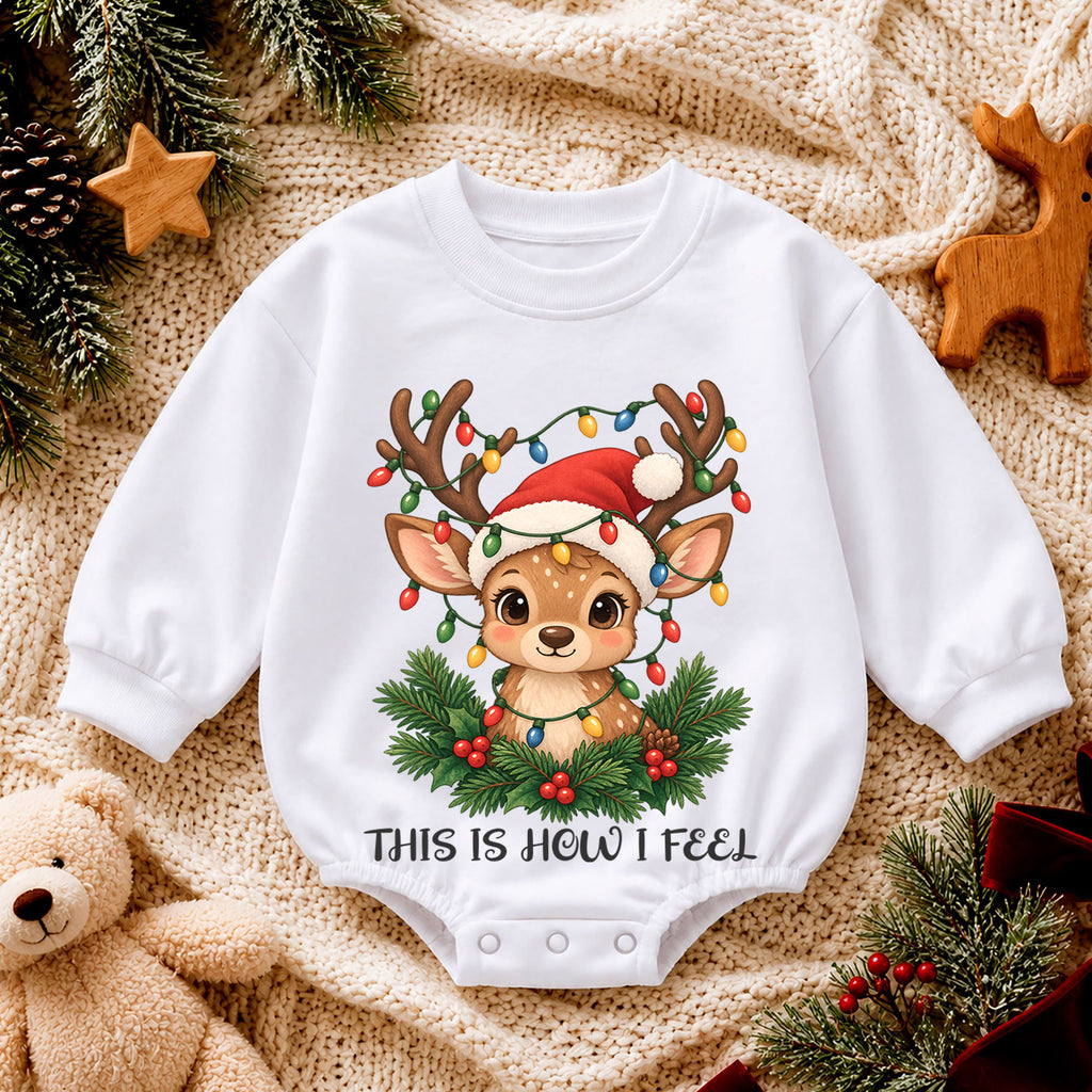 This Is How I Feel Reindeer Baby Romper, Cute Christmas Deer Romper, Toddler Holiday Outfit, Reindeer Xmas Gift for Baby — product view 4