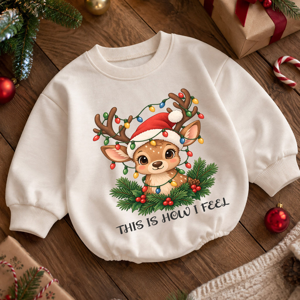 This Is How I Feel Reindeer Baby Romper, Cute Christmas Deer Romper, Toddler Holiday Outfit, Reindeer Xmas Gift for Baby — product view 5